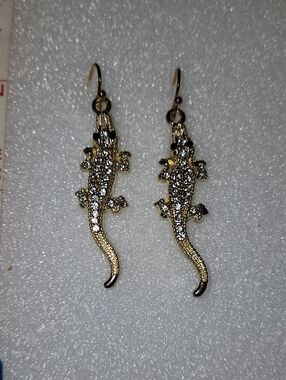 Hand Crafted Gold Alligator Crocodile Dangle Earrings